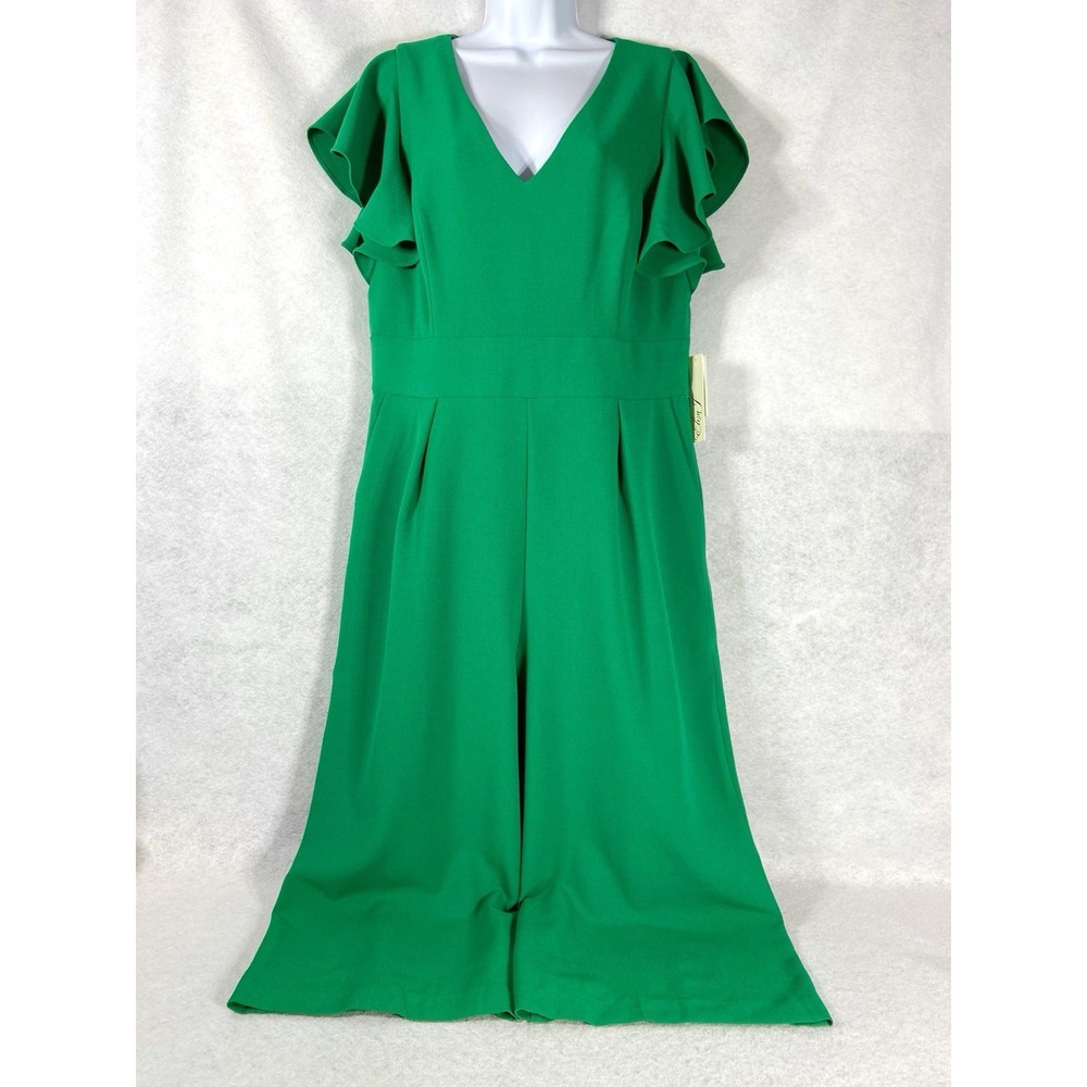 Eliza J Jumpsuit Womens 16 Green Flutter Sleeve Wide Leg Textured Stretch New
